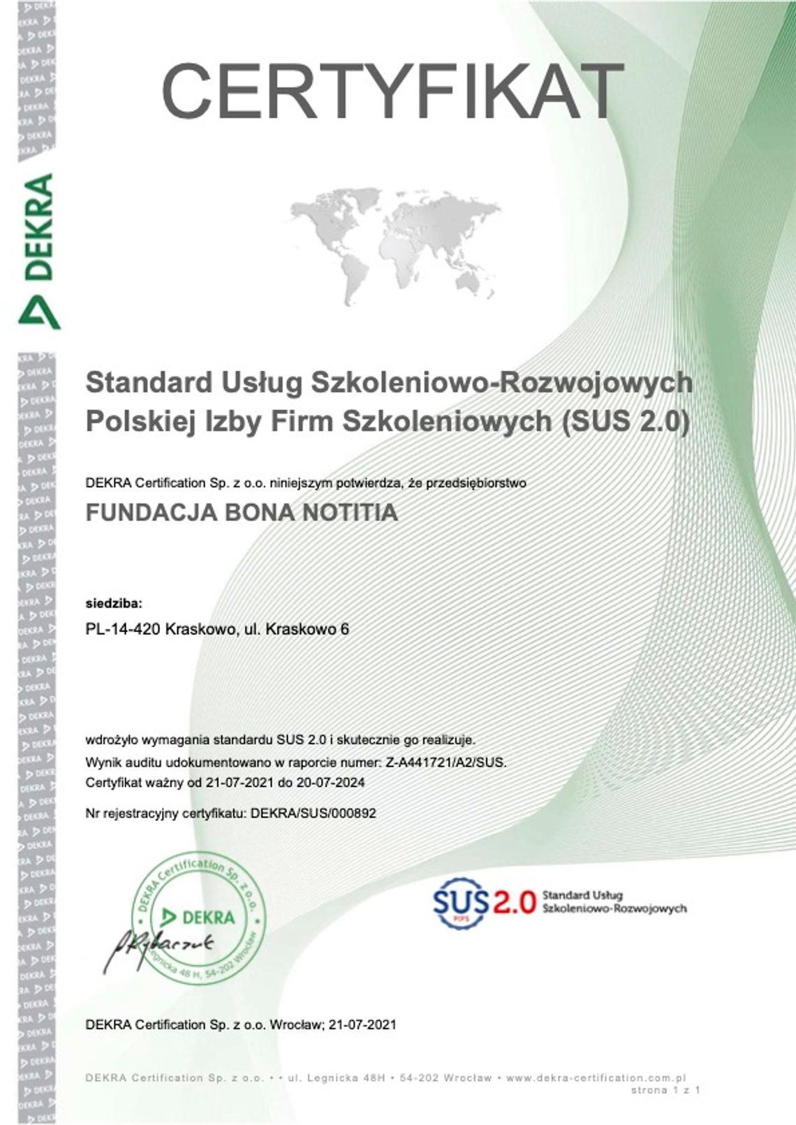Fundacja Bona Notitia otrzymuje certyfikat Polskiej Izby Firm Szkoleniowych SUS 2.0